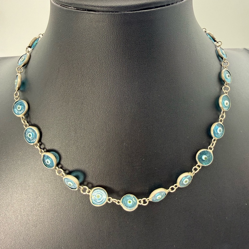 Y2K Blue Evil Eye Handmade Beaded Glass Choker Necklace Aqua Accessory Gift